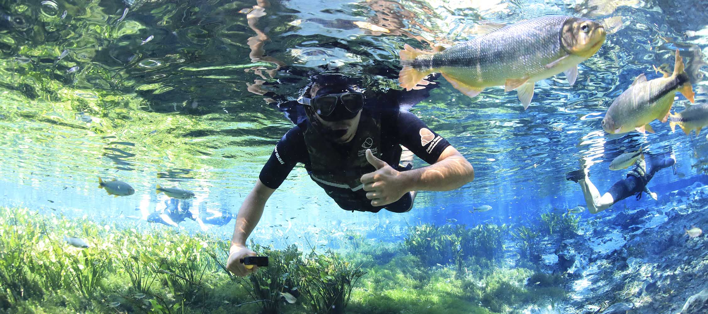 Visitante realiza flutuação em águas cristalinas de Bonito, Mato Grosso do Sul.